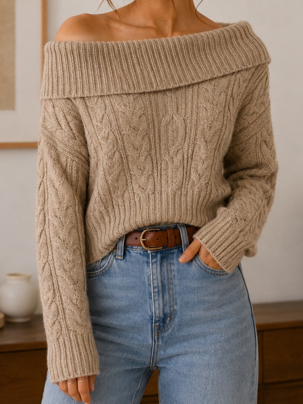Express Off-the-Shoulder Cable Knit Sweater in Beige